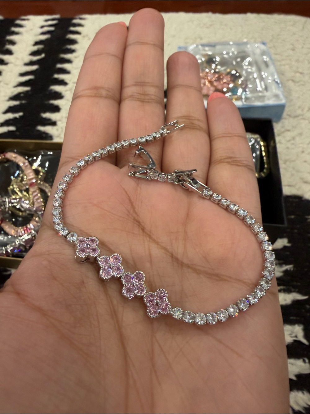 Delicate Pink Flower Tennis Bracelet - Women Jewelry